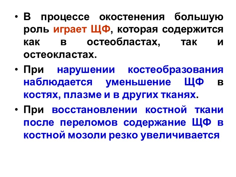 В процессе окостенения большую роль играет ЩФ, которая содержится как в остеобластах, так и